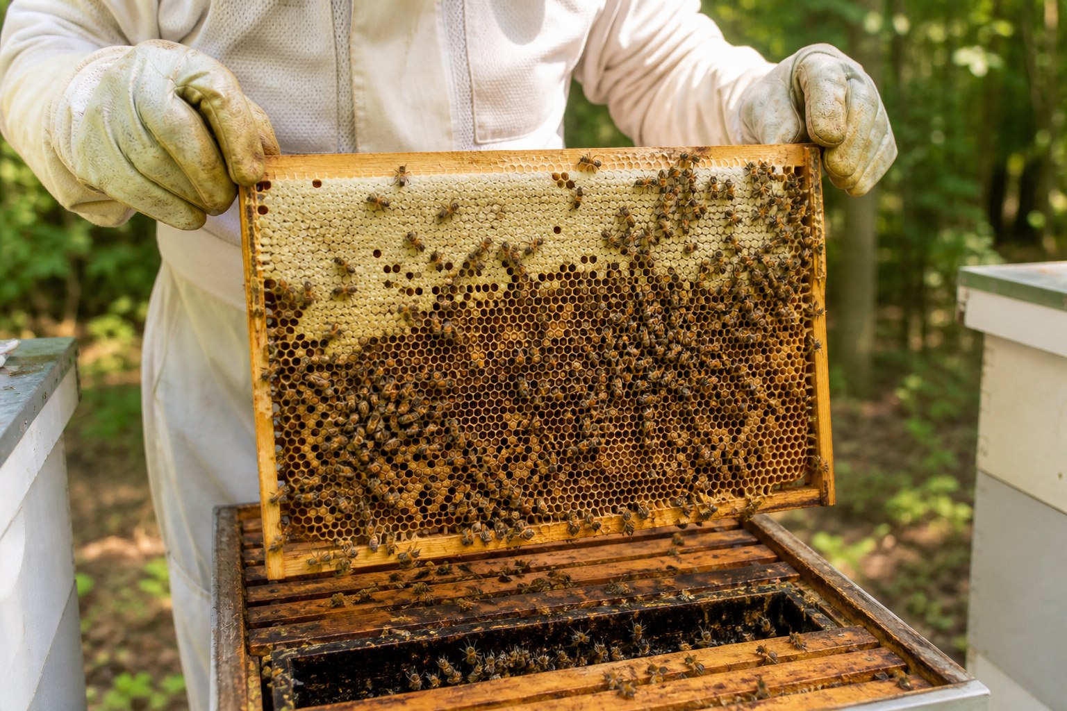 Illustrative placeholder photograph of gloved hands carefully inspecting a honey-bee frame